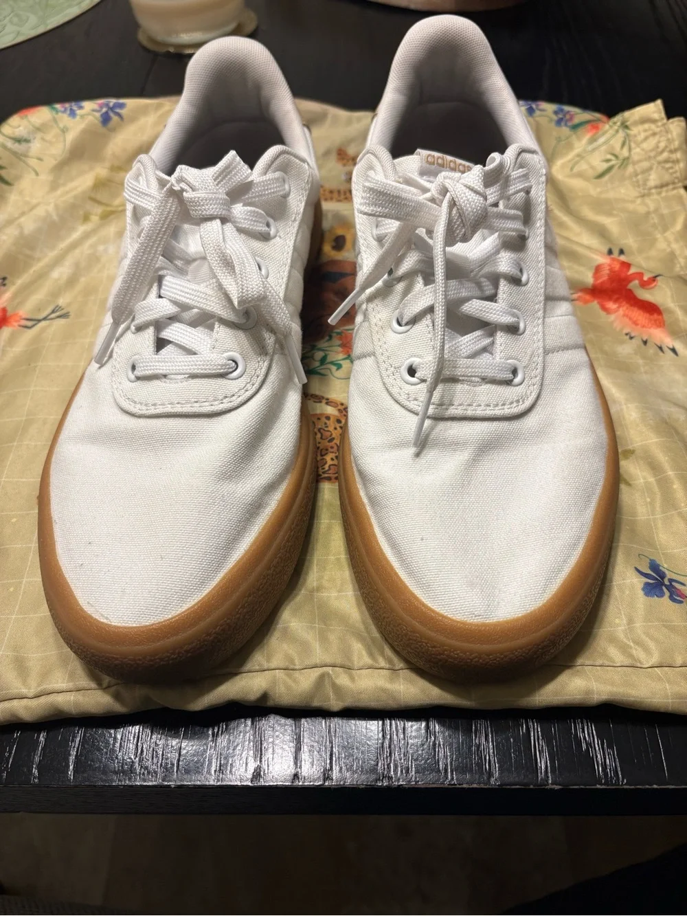 adidas White Canvas Sneakers with Gum Outsole and Gold Heel Tab